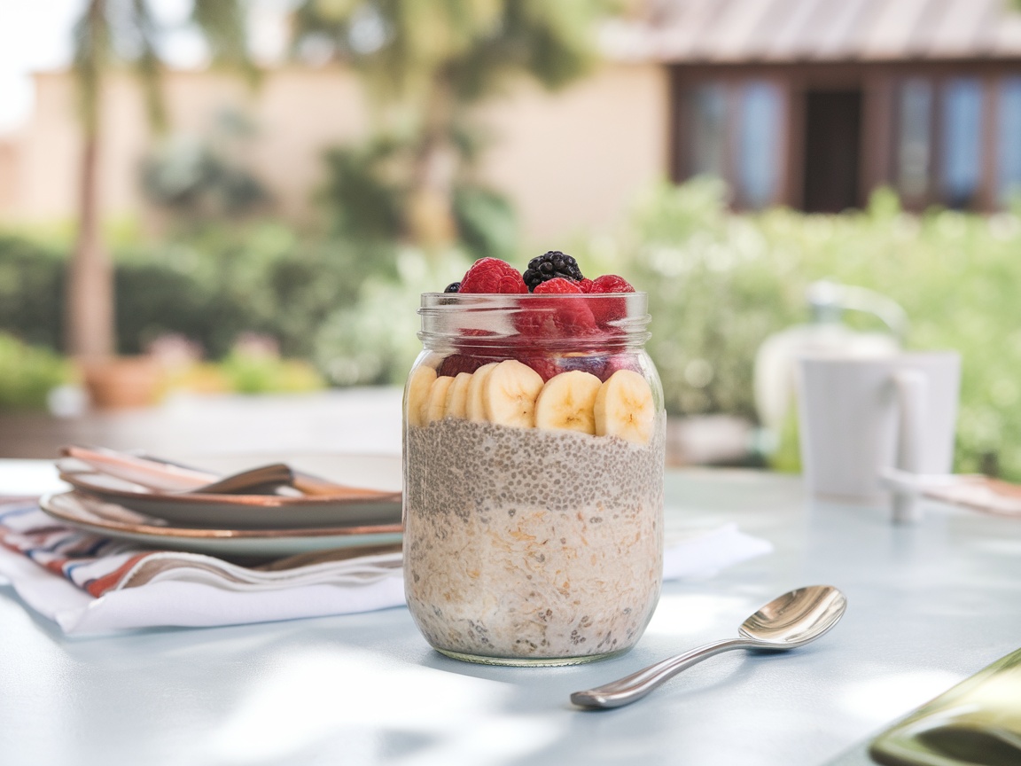 A jar of overnight oats with chia seeds topped with banana slices and berries, set on a table outdoors.
