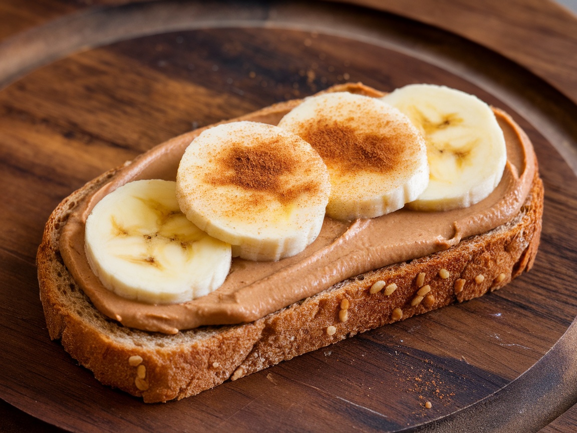A slice of whole-grain bread topped with peanut butter and banana slices, sprinkled with cinnamon.