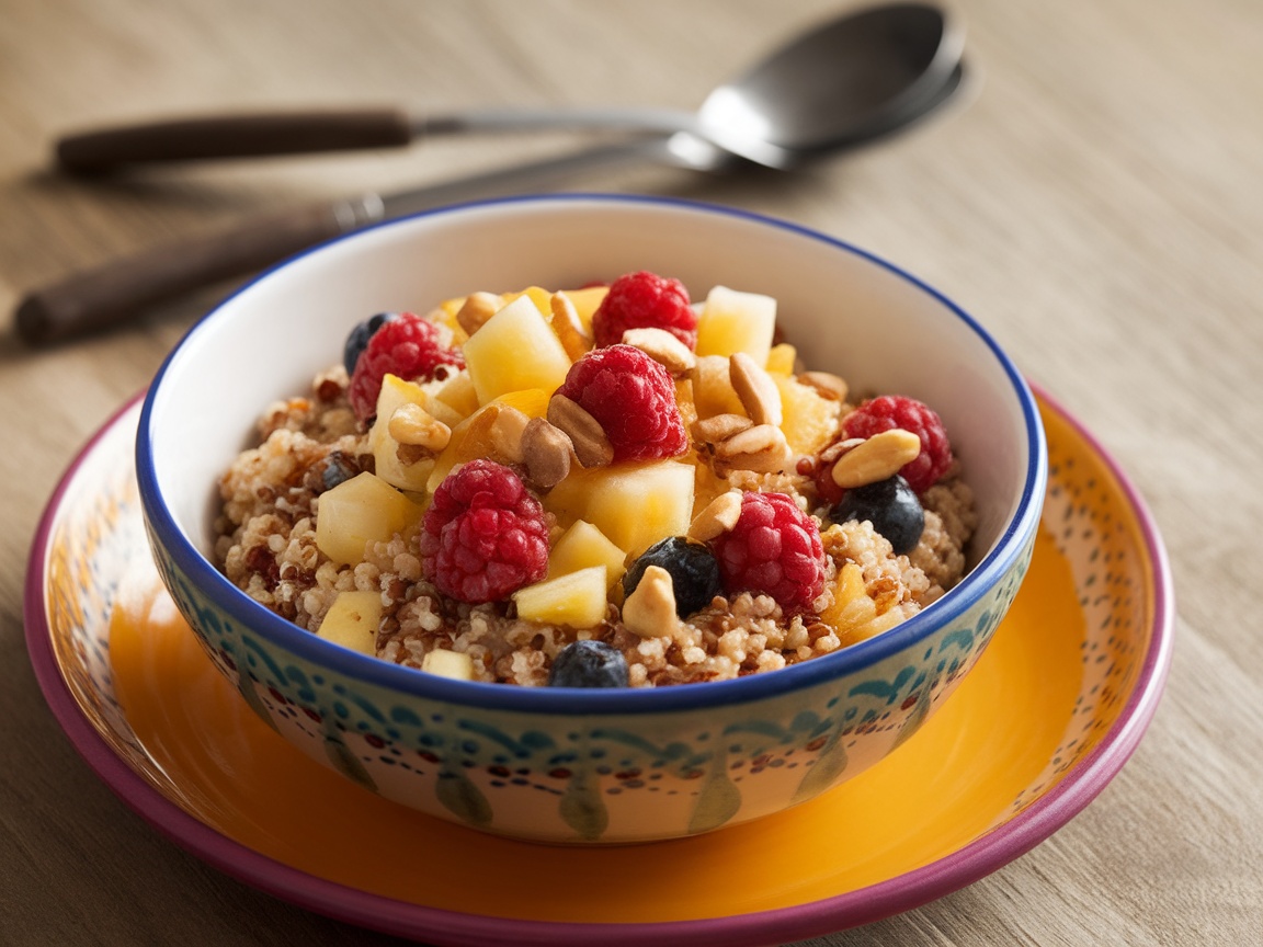 A colorful quinoa breakfast bowl topped with fresh fruits and nuts.