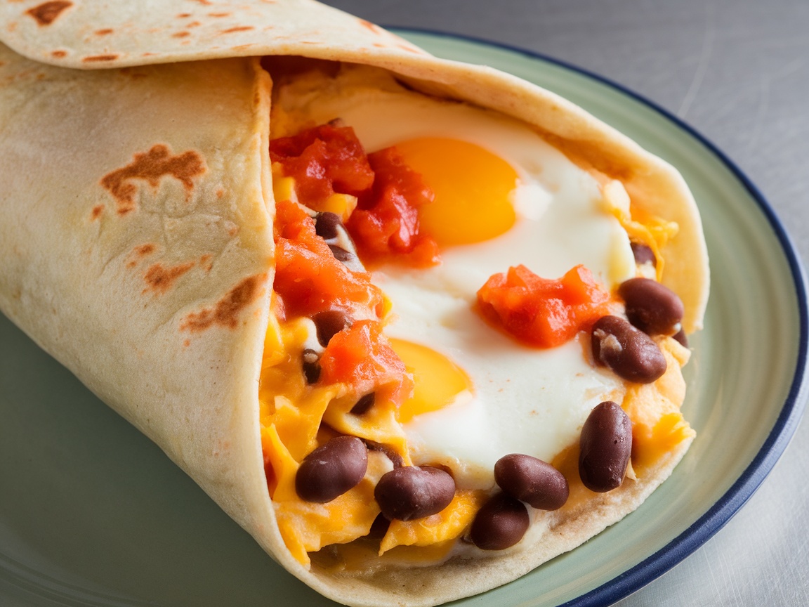 A savory breakfast burrito filled with eggs, black beans, and salsa, wrapped in a tortilla.