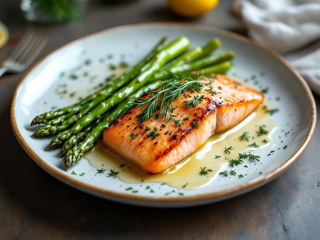 Seared salmon fillet with lemon dill sauce and asparagus on a plate