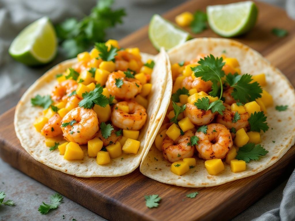 Shrimp tacos topped with mango salsa, garnished with cilantro and lime wedges.
