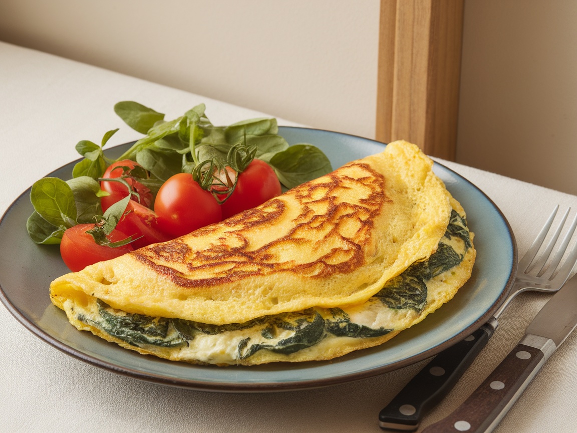 A delicious spinach and feta omelette served with cherry tomatoes and greens on a plate.