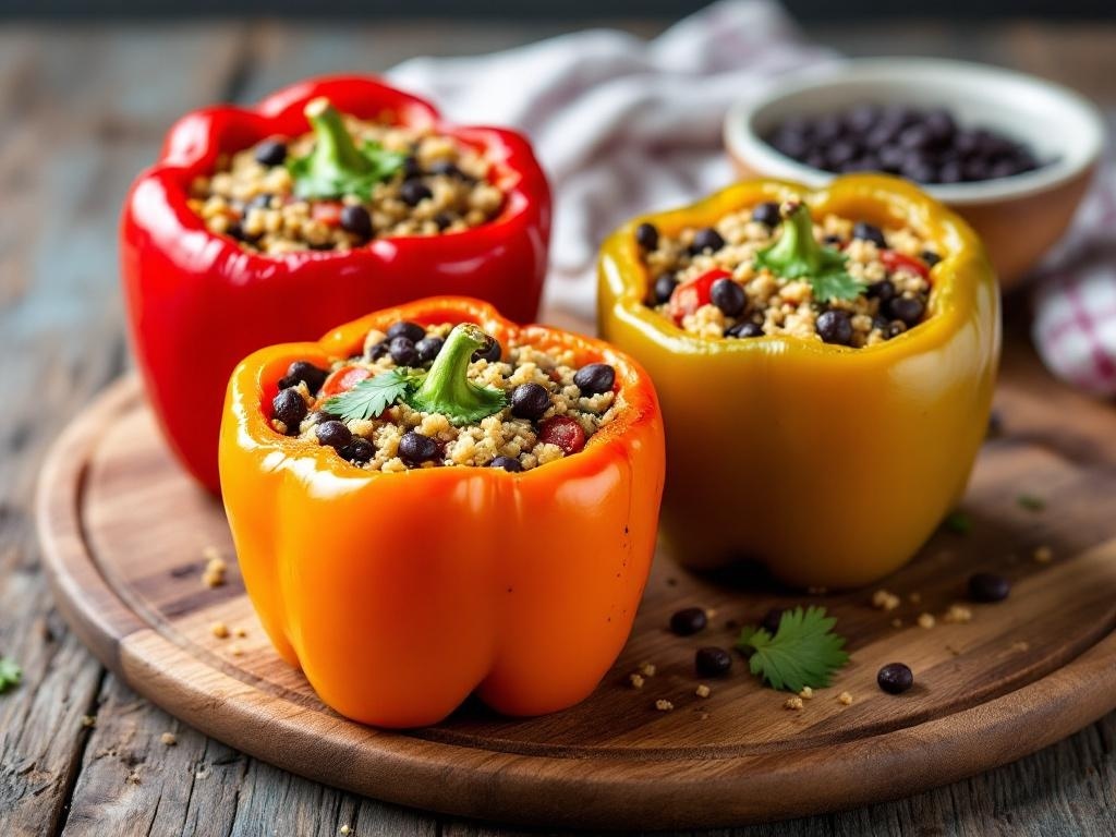 Colorful stuffed bell peppers filled with quinoa and black beans on a wooden platter.