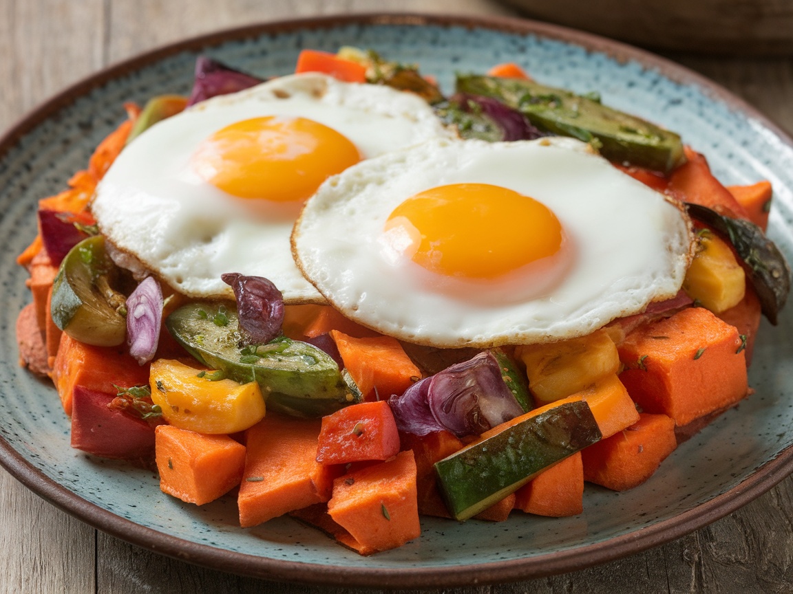 A plate of sweet potato hash topped with two sunny-side-up eggs, surrounded by colorful vegetables.