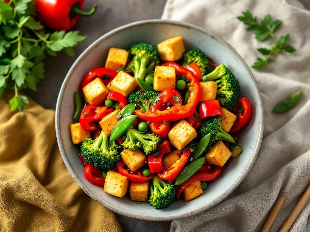A colorful vegetable stir-fry with tofu, featuring broccoli, red bell peppers, and snap peas in a bowl.