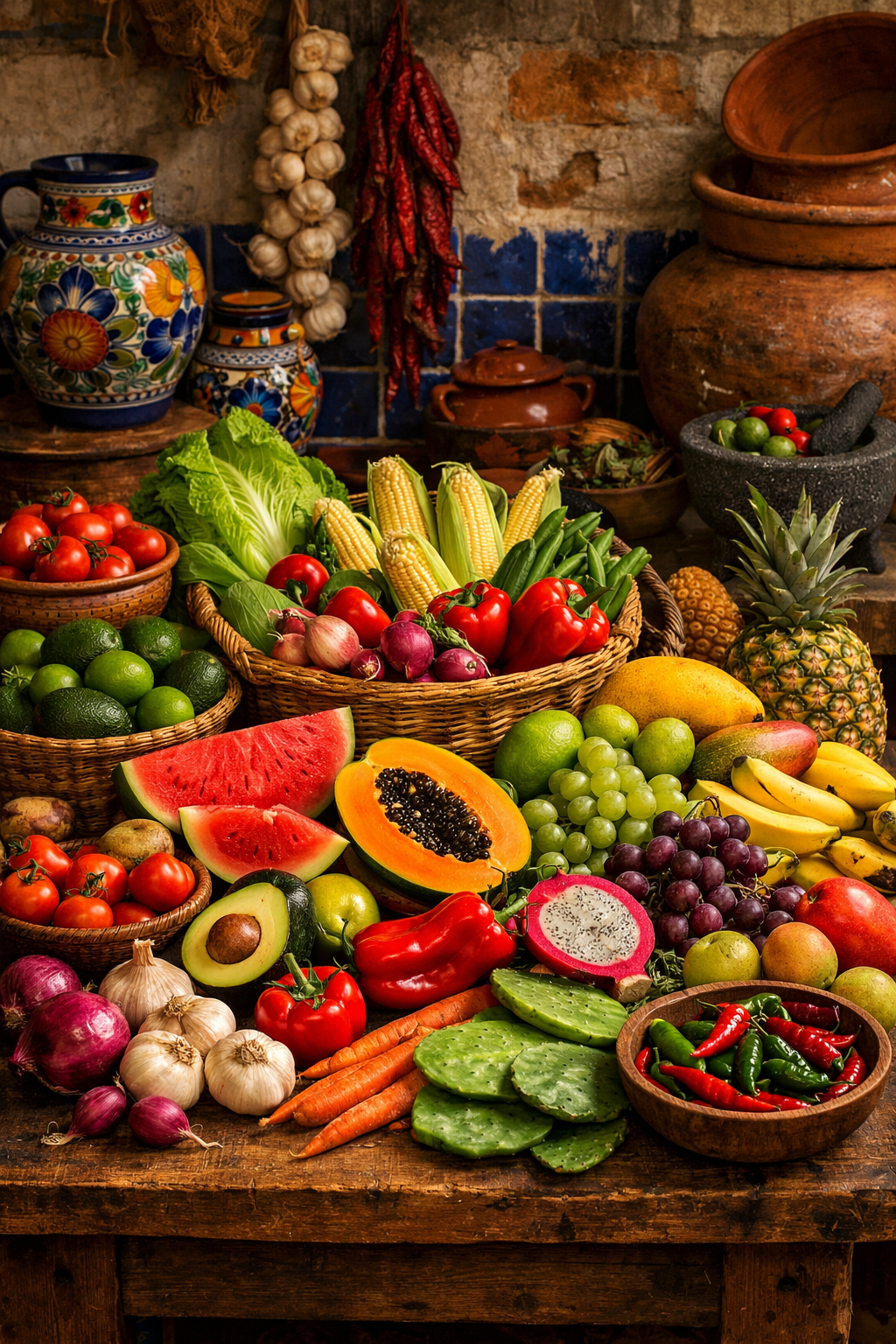 Colorful displays of fruits and vegetables in a traditional Mexican kitchen.