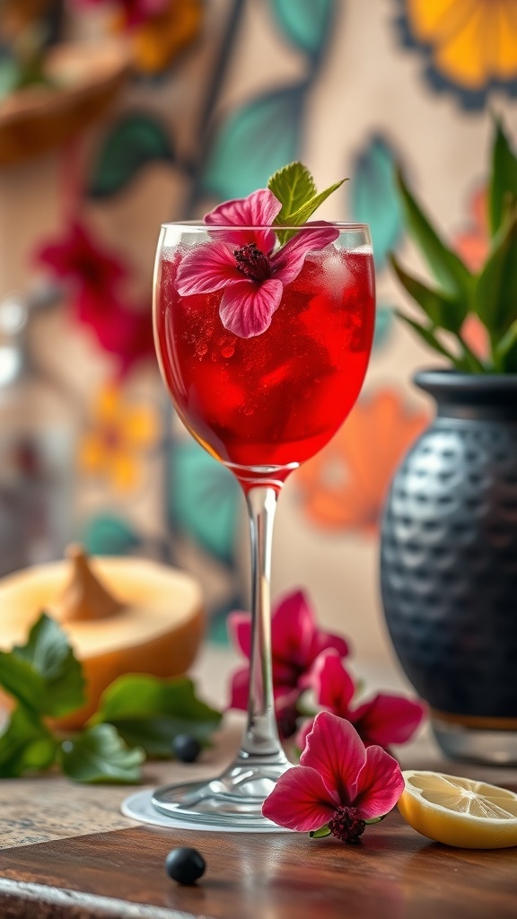 A vibrant Agua De Jamaica Sparkler mocktail garnished with flowers and mint