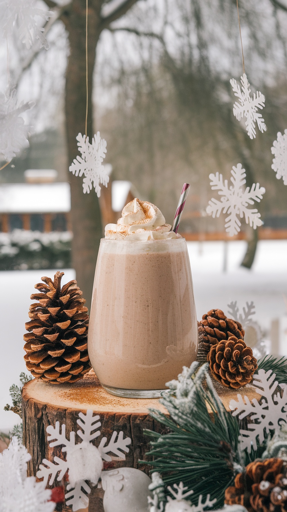 A delicious Almond Cinnamon Snowflake Smoothie topped with whipped cream and cinnamon, surrounded by pinecones and snowflakes.
