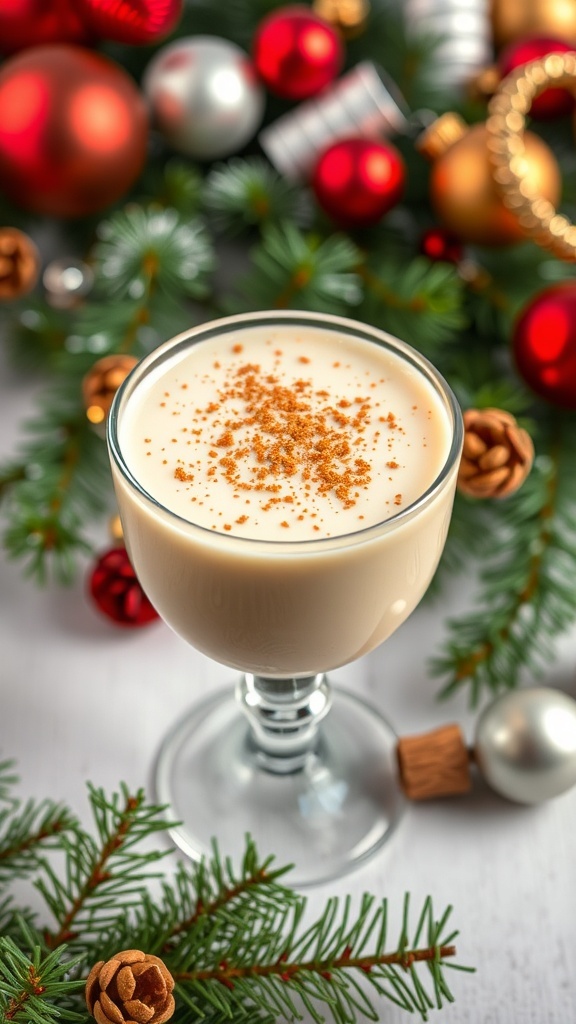 A glass of Almond Eggnog Mocktail surrounded by Christmas decorations.