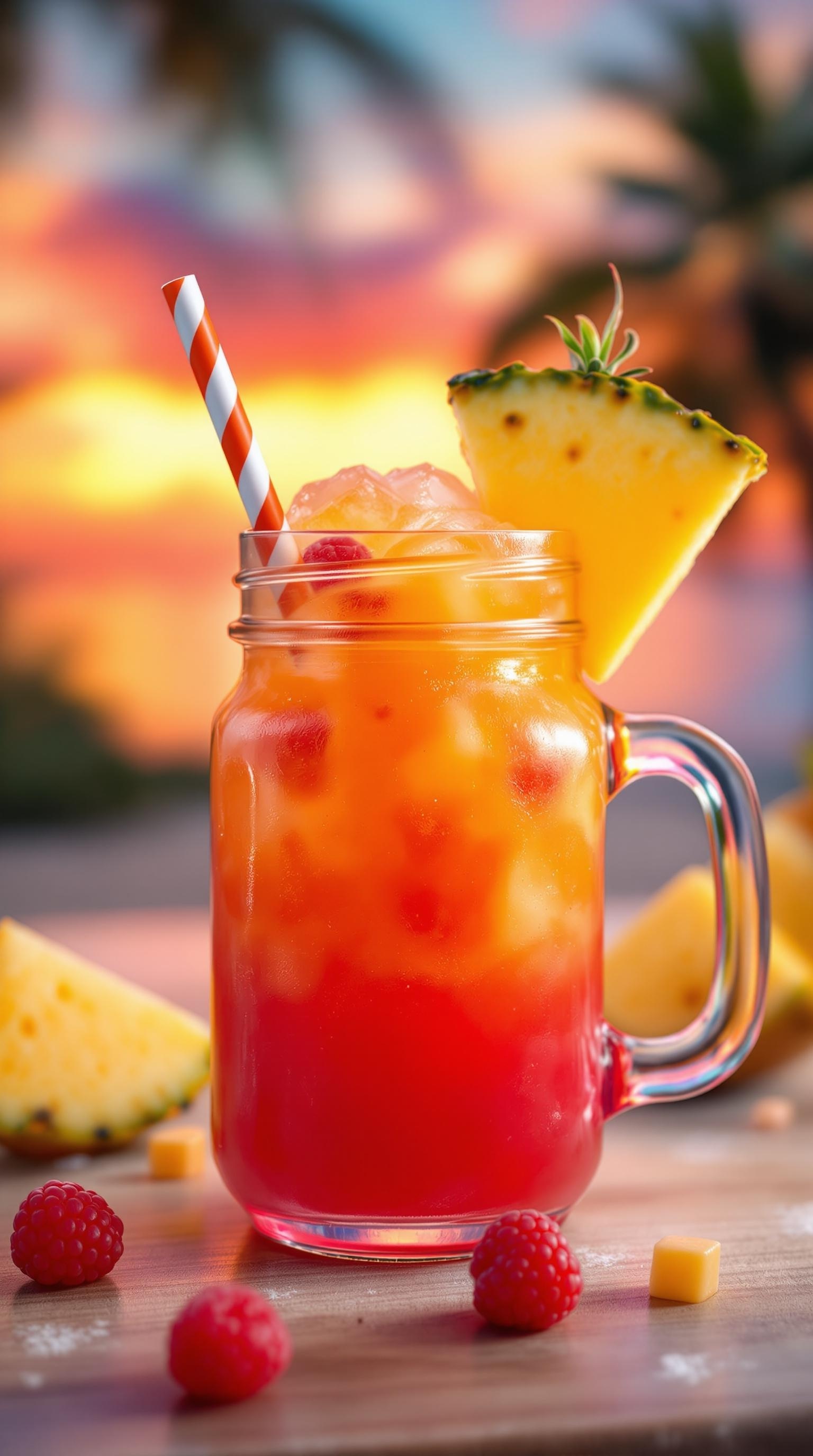 Aloha Sunset Cooler Mocktail with pineapple and raspberries