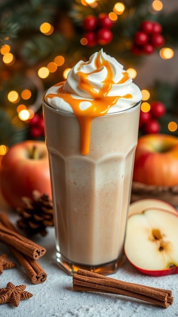 A delicious Apple Cider Caramel Smoothie topped with whipped cream and caramel drizzle, surrounded by apples and cinnamon sticks.