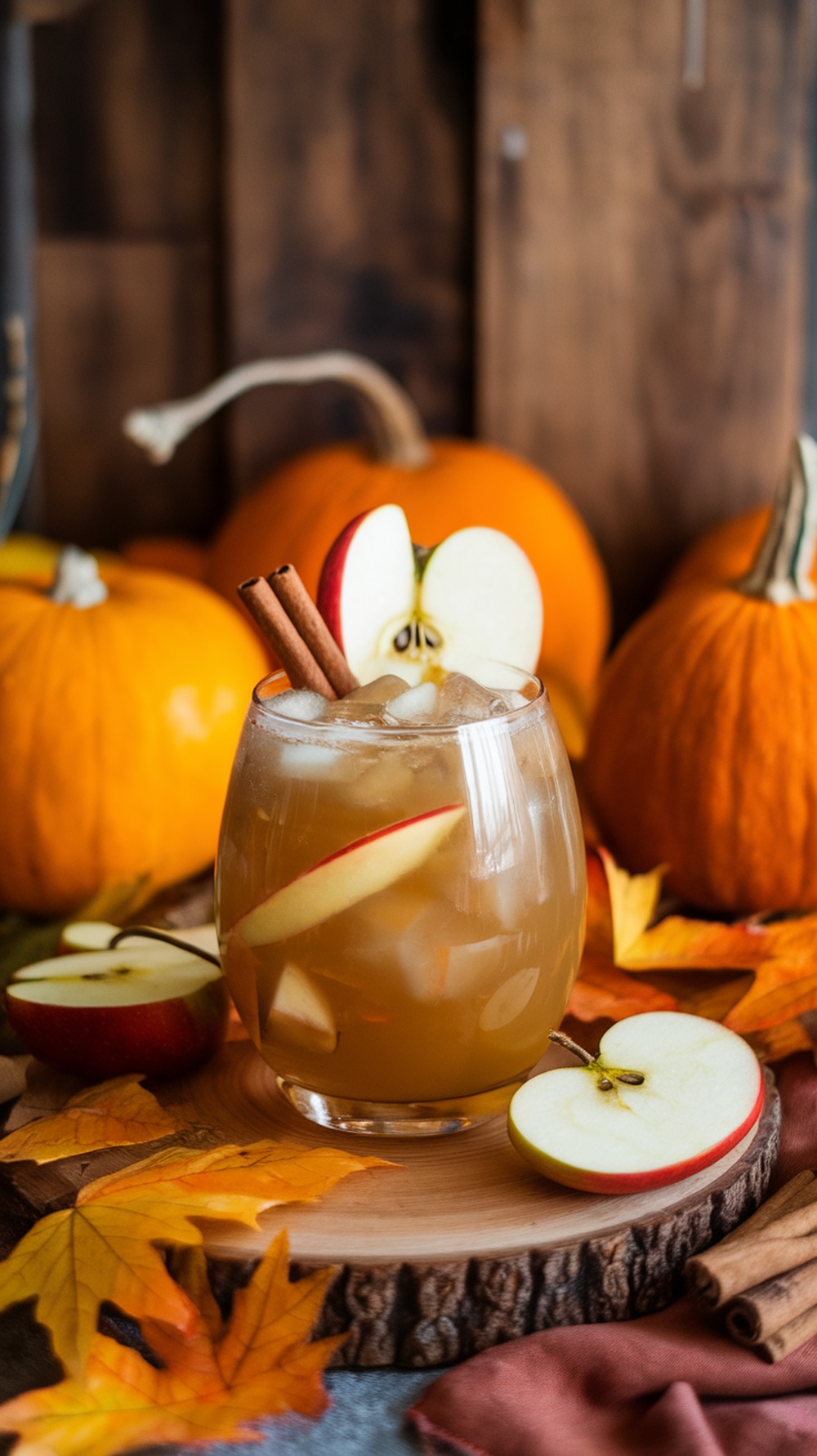 A glass of apple cider punch mocktail garnished with apple slices and cinnamon sticks, surrounded by pumpkins and autumn leaves.