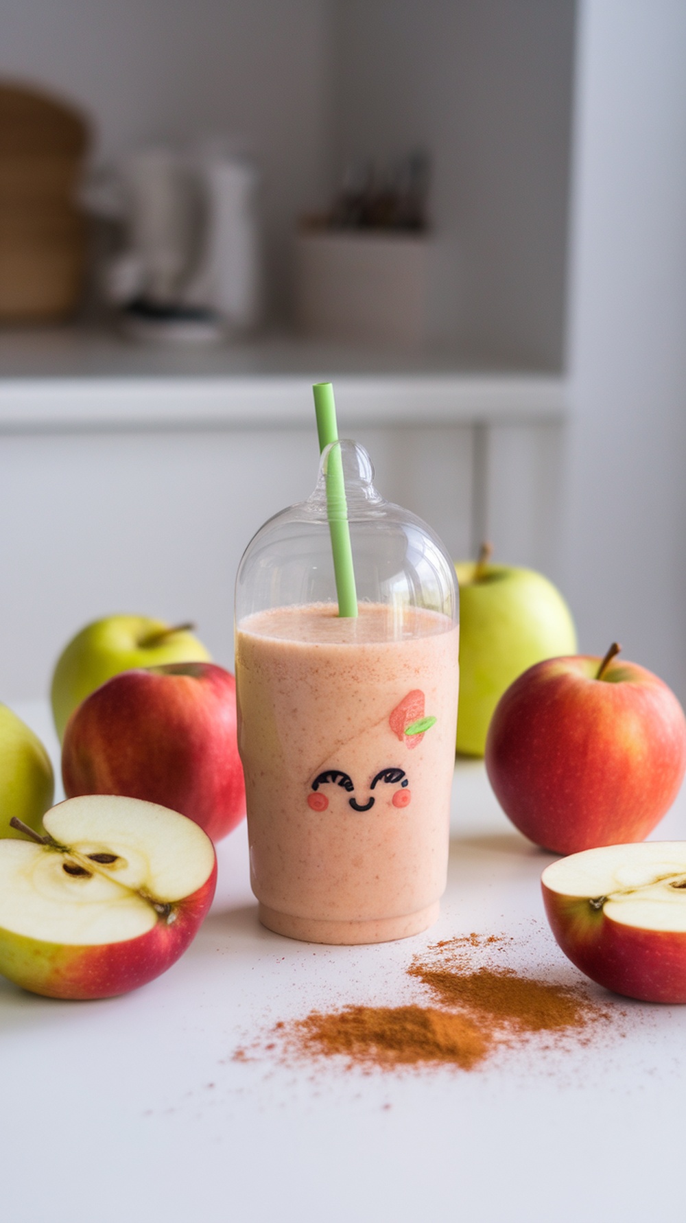 A smoothie with a happy face design, surrounded by apples and cinnamon.