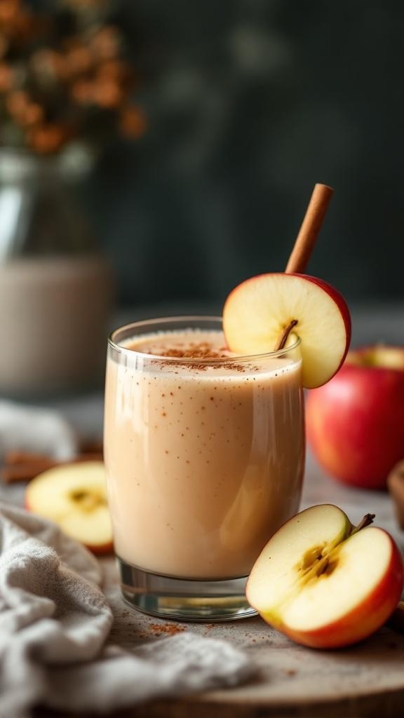 A glass of apple cinnamon smoothie garnished with a slice of apple and a cinnamon stick.