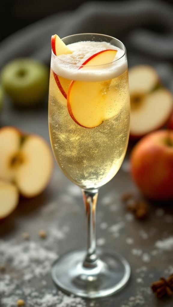 A glass of Apple Ginger Fizz Mocktail garnished with apple slices, surrounded by fresh apples.