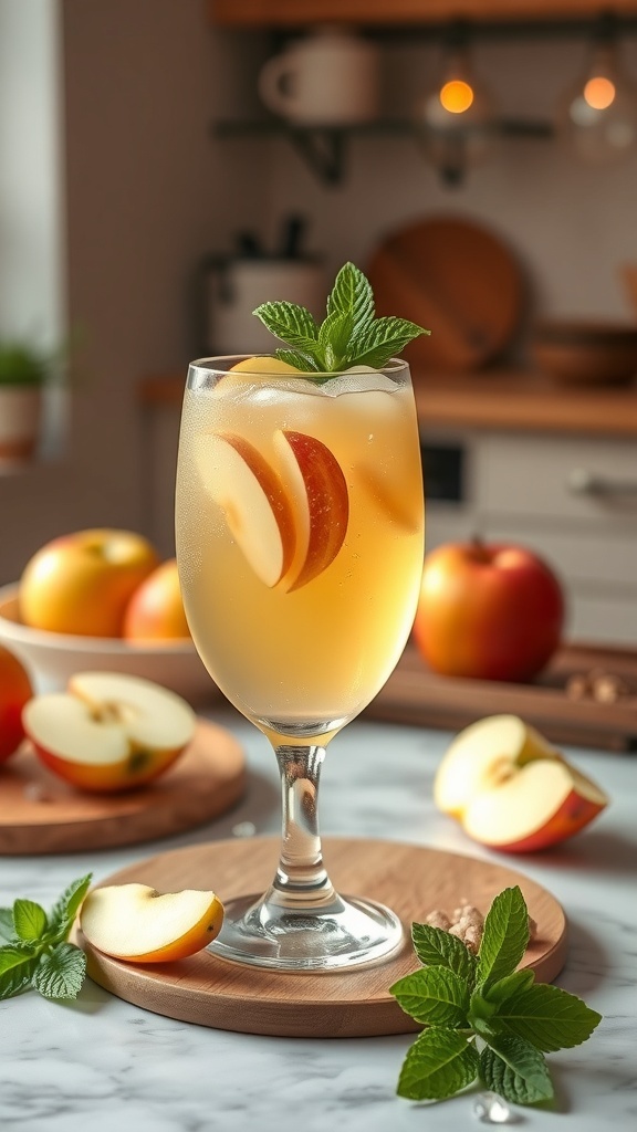 A refreshing Apple Ginger Mama Mocktail garnished with mint leaves and apple slices.