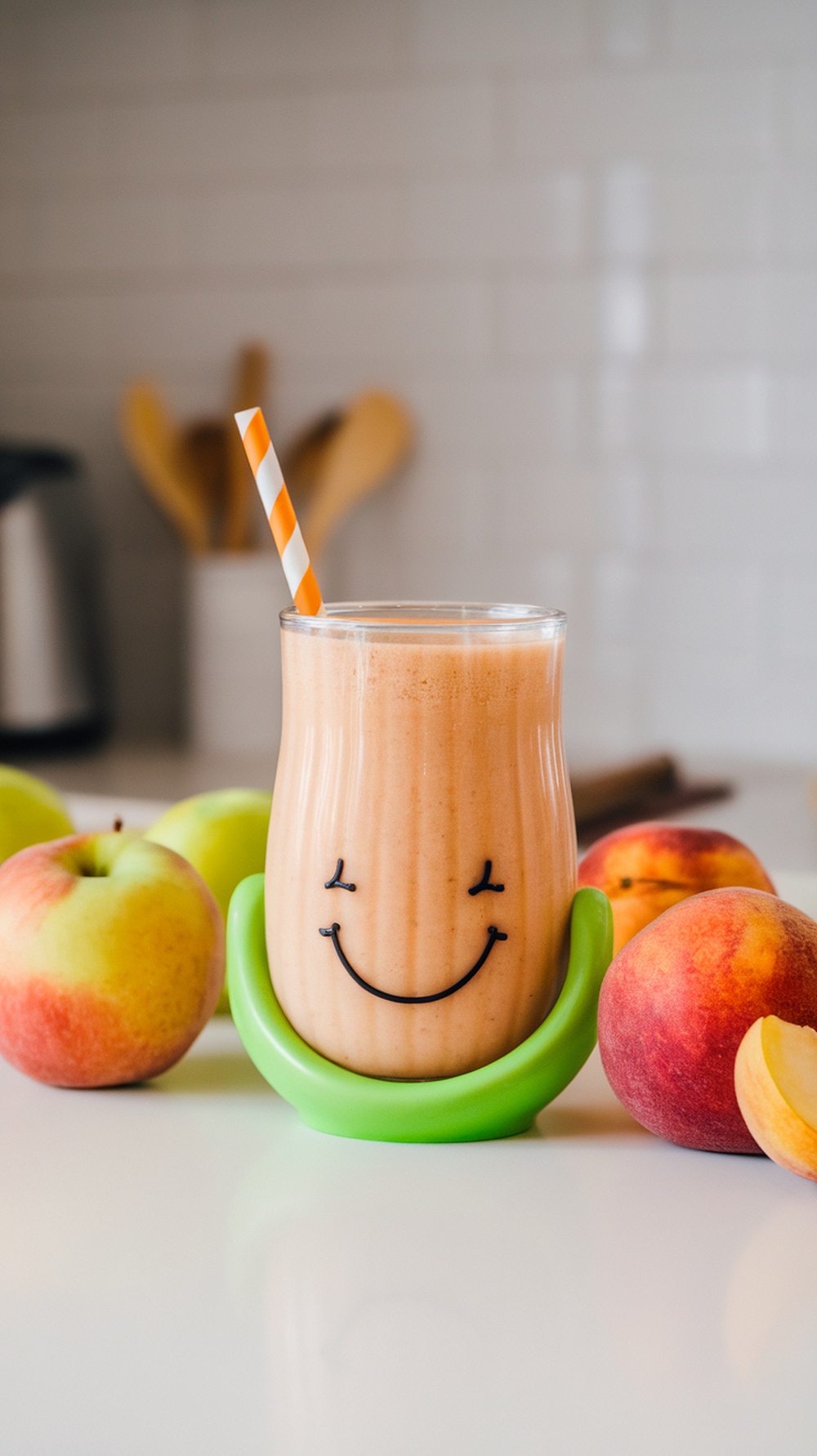 A smoothie in a smiley cup with apples and peaches around it.