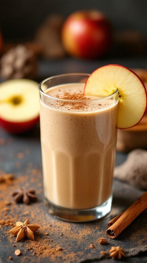 A delicious apple pie smoothie garnished with a slice of apple and sprinkled with cinnamon.