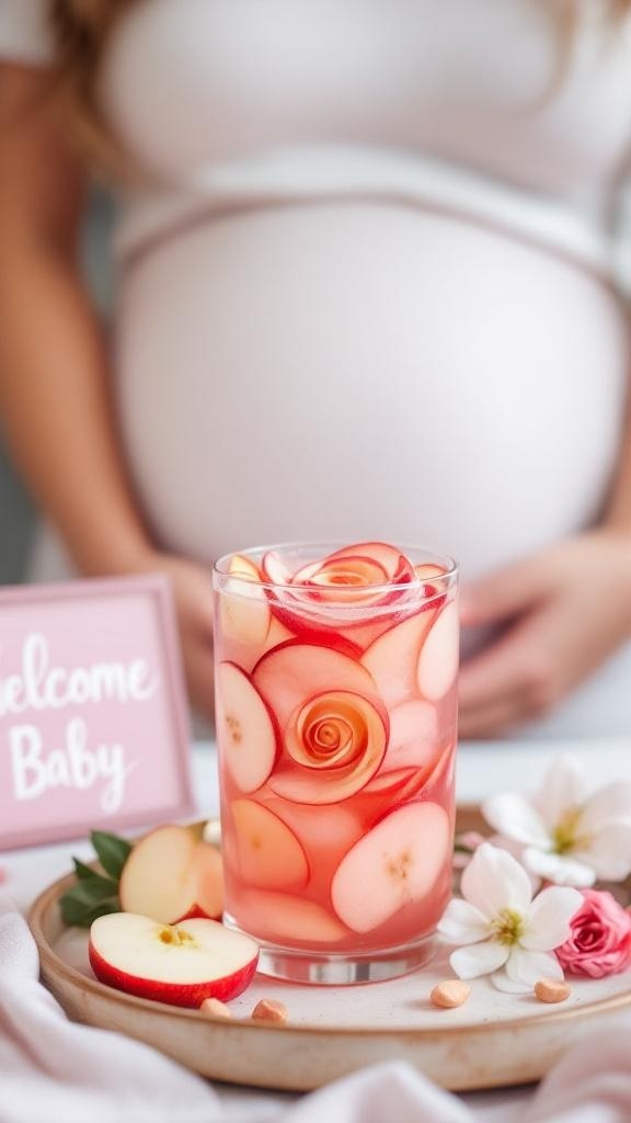 A glass of Apple Rose Welcome Baby Mocktail with apple slices and a rose garnish, set against a background of a pregnant woman and a 'Welcome Baby' sign.