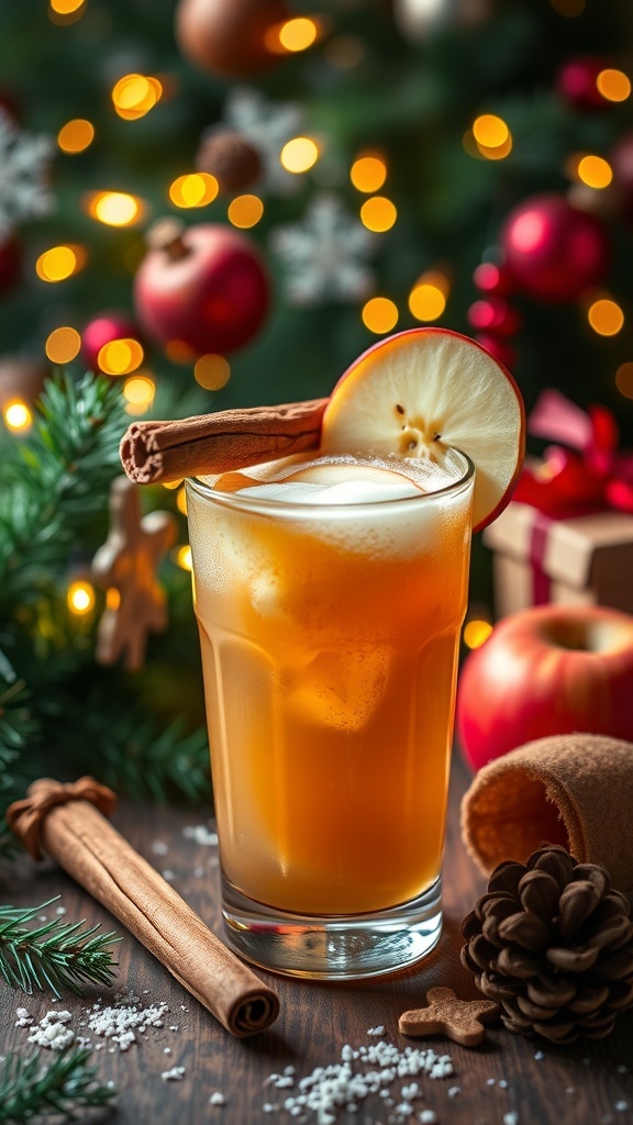 A festive glass of Apple Spiced Punch Mocktail with cinnamon and apple garnish, set against a Christmas backdrop.