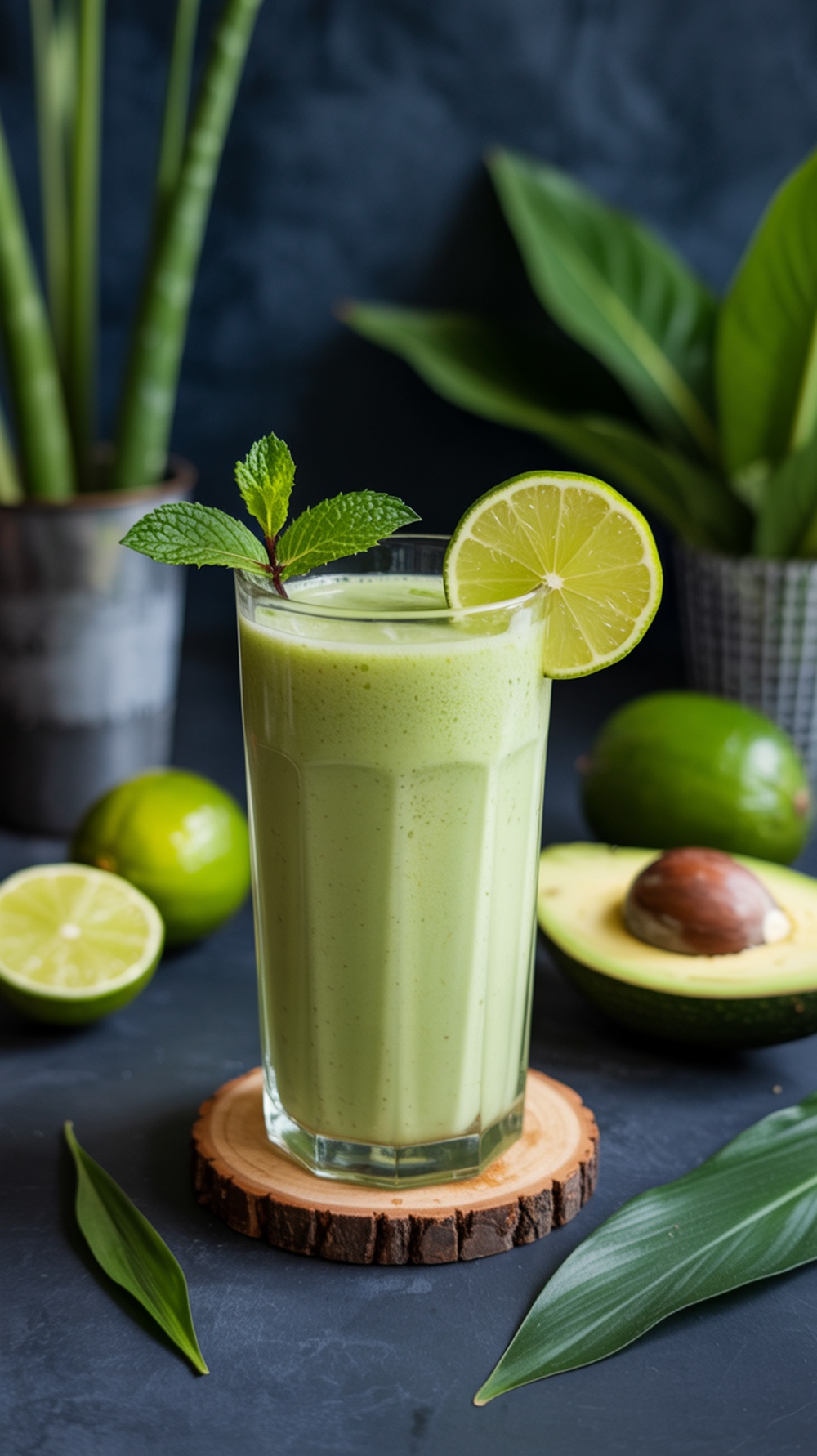 A refreshing avocado coconut cream mocktail garnished with a lime slice and mint.