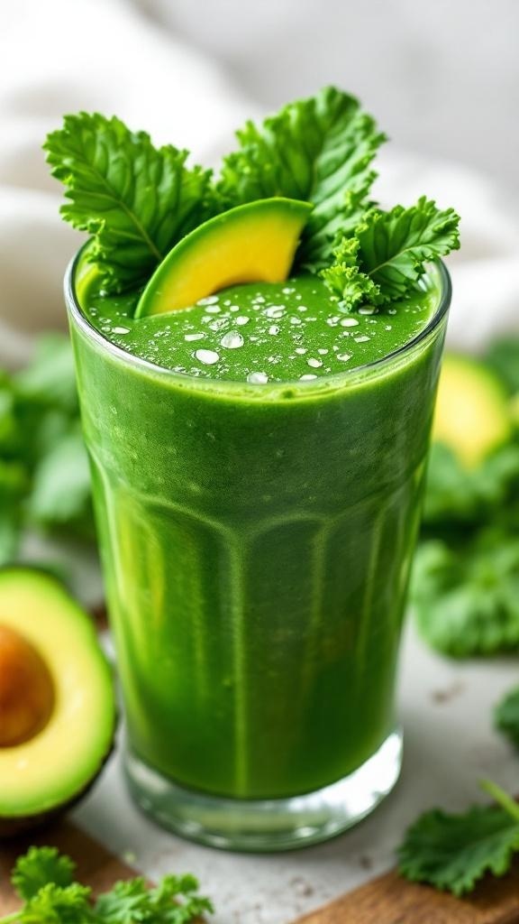 A green smoothie made with avocado and kale, garnished with fresh leaves.