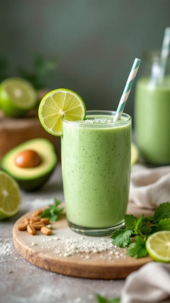 A refreshing avocado lime smoothie with a slice of lime on the rim of the glass.