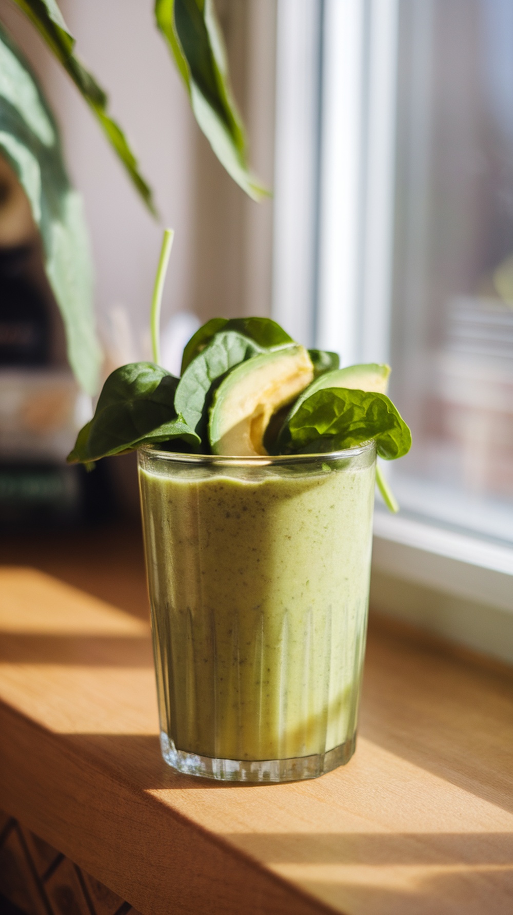 A refreshing green smoothie with avocado and spinach in a glass