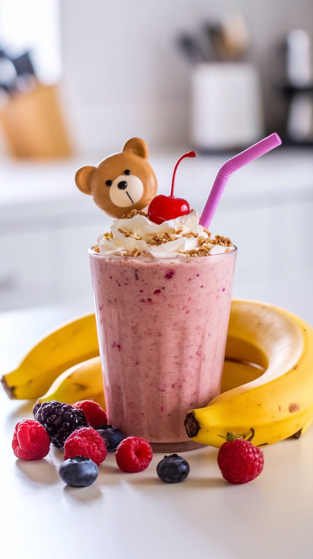 A colorful smoothie with a teddy bear straw, surrounded by bananas and berries.