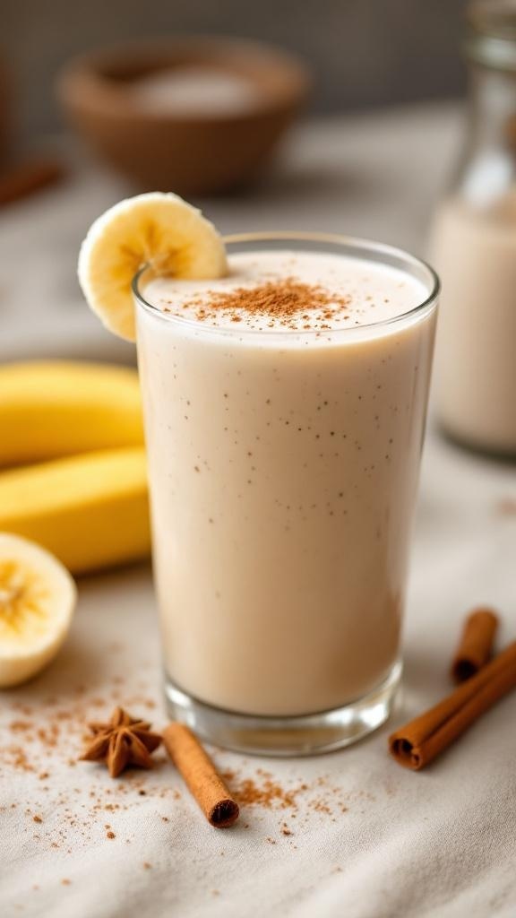 A delicious Banana Cinnamon Roll Smoothie in a glass, garnished with a banana slice and cinnamon.