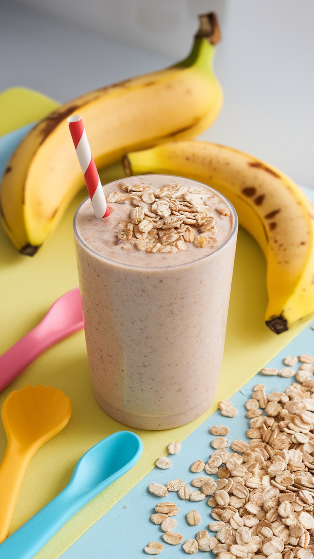 A delicious Banana Oat Comfort Smoothie with bananas and oats.