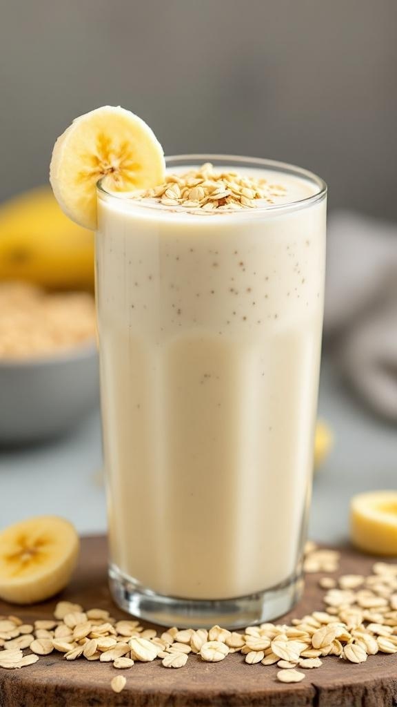 A glass of Banana Oat Power Smoothie topped with oats and a banana slice.