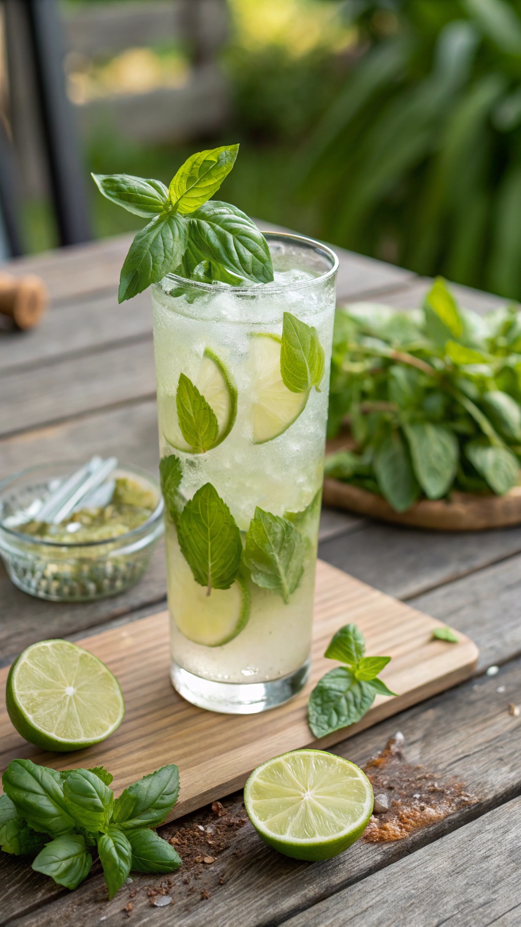 A refreshing Basil Lime Cooler mocktail with lime slices and fresh basil leaves.