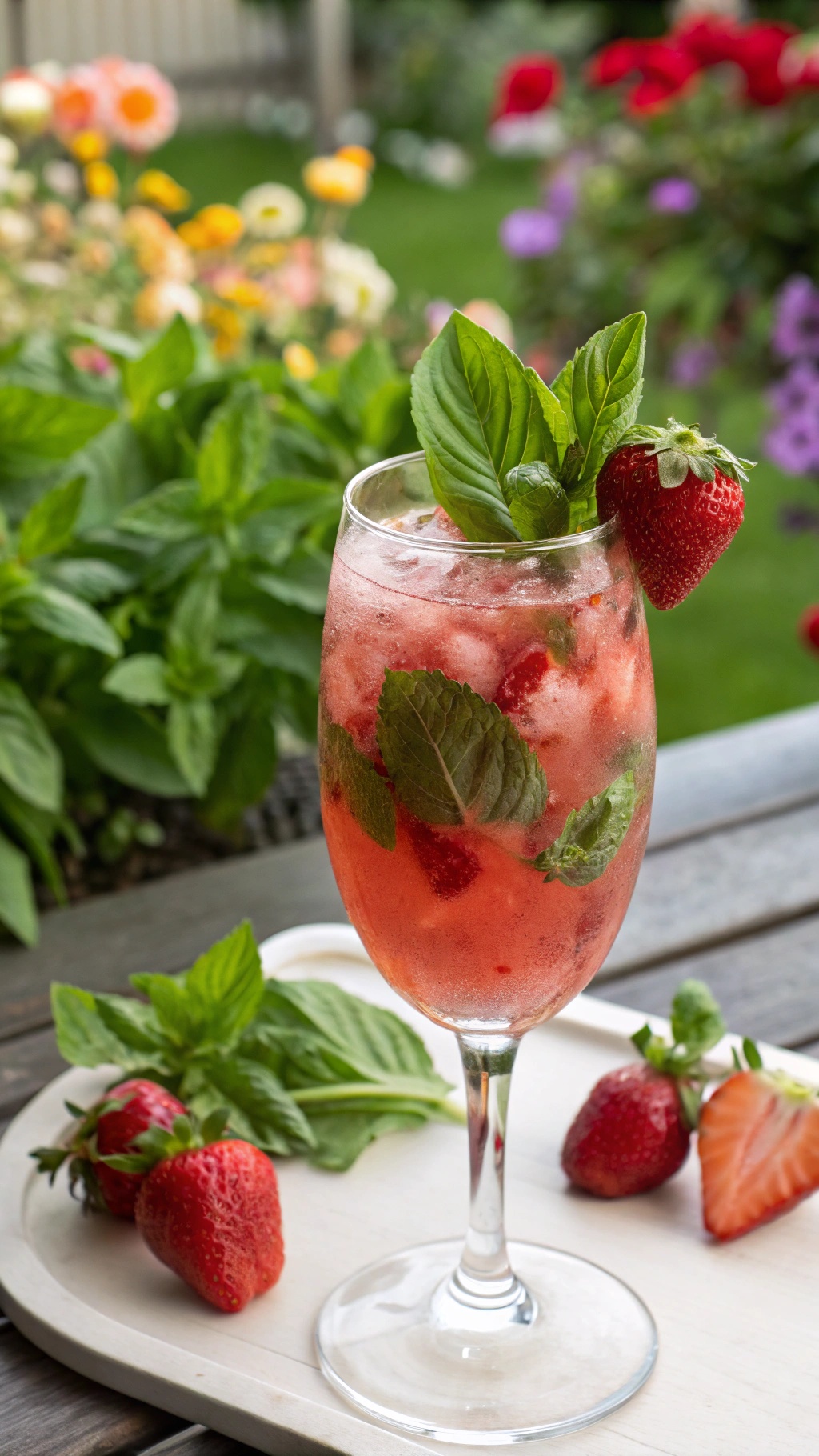 A refreshing Basil Strawberry Breeze Mocktail garnished with strawberries and basil leaves.