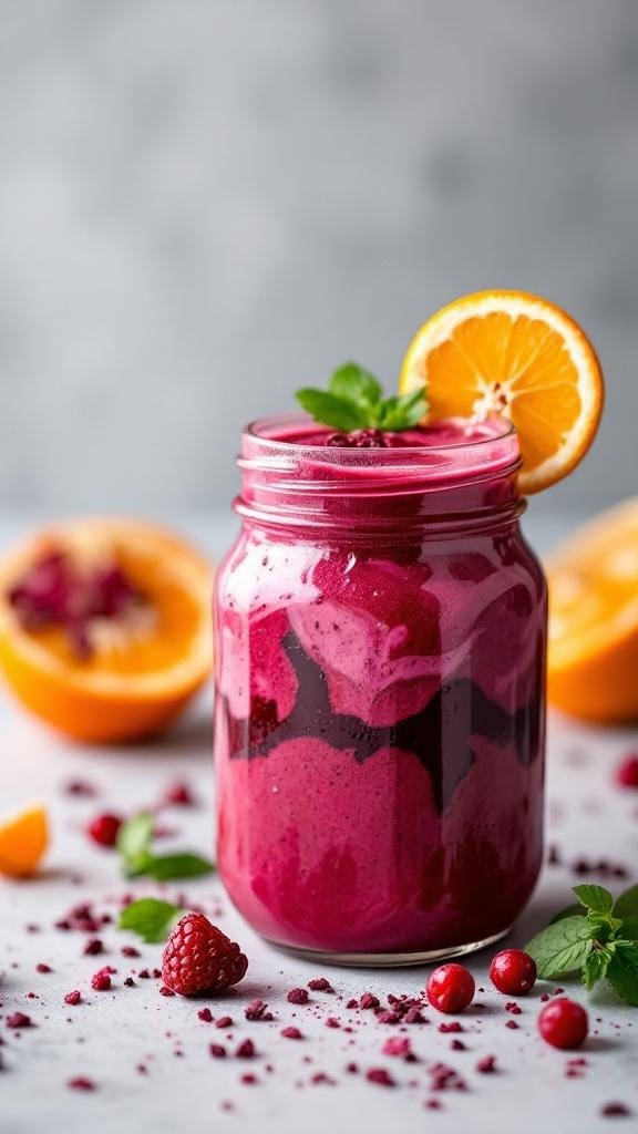 A vibrant beetroot orange smoothie in a jar, garnished with an orange slice and mint leaves.
