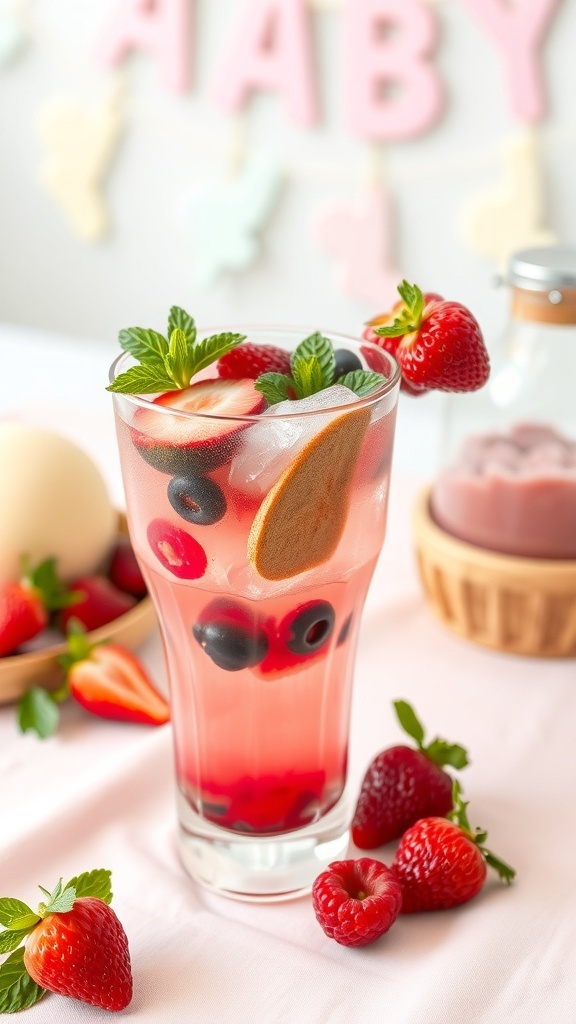 A colorful berry mocktail in a glass, garnished with mint leaves and fresh berries.