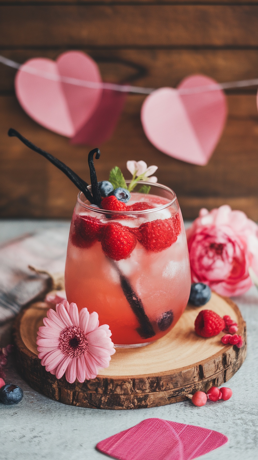 A refreshing Berry Vanilla Girl Gang Mocktail garnished with berries and flowers.