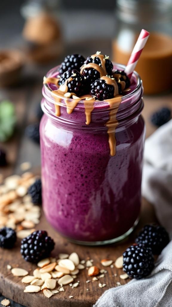 A delicious blackberry almond butter smoothie in a jar topped with blackberries and almond butter.
