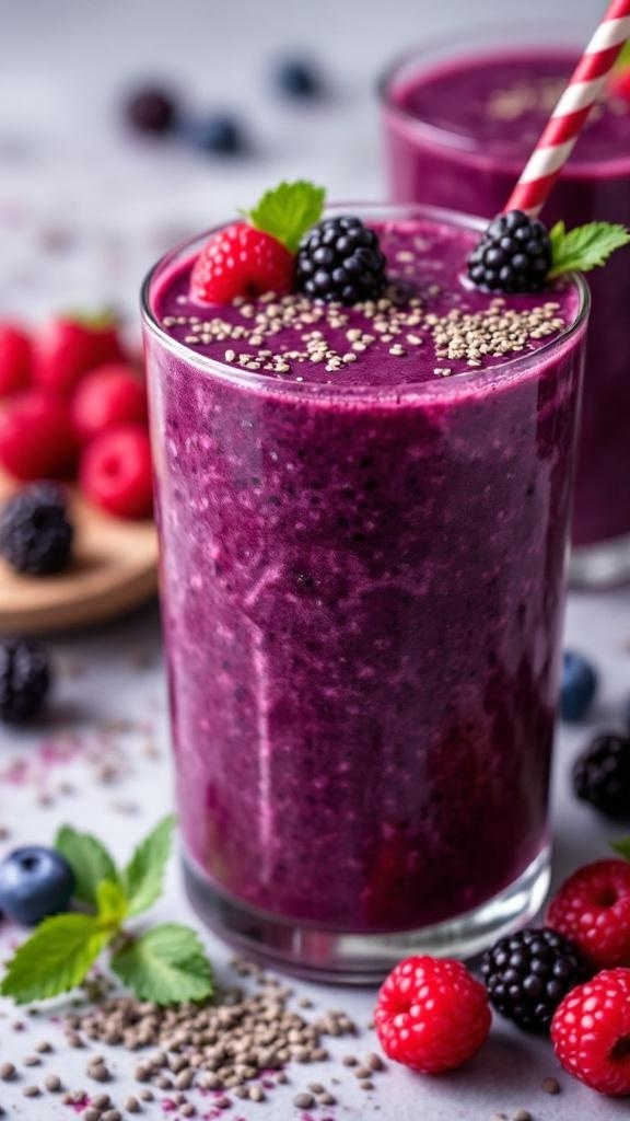 A vibrant blackberry chia smoothie topped with berries and chia seeds.
