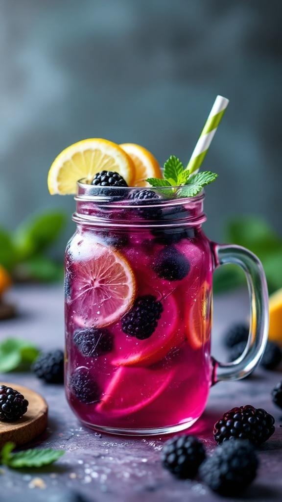 A vibrant blackberry citrus punch mocktail in a mason jar with lemon slices and mint leaves.