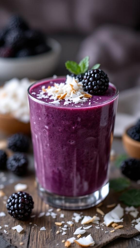 A glass of blackberry coconut cream smoothie topped with coconut flakes and a blackberry.
