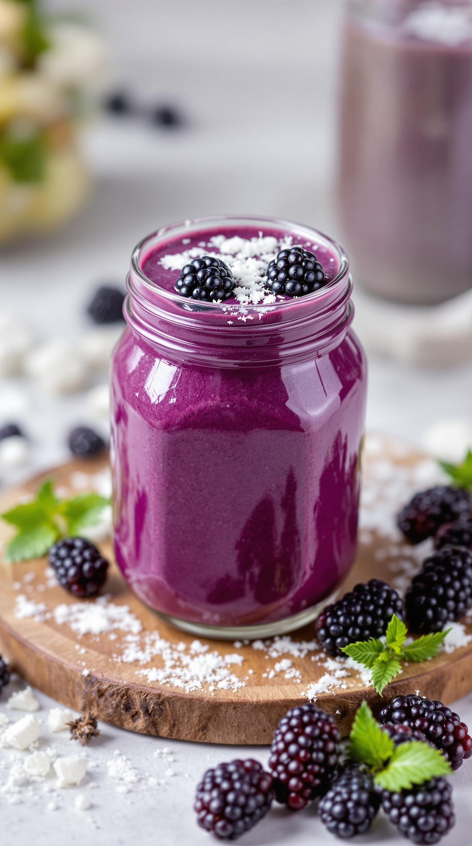 A vibrant blackberry smoothie in a jar topped with blackberries and coconut flakes.
