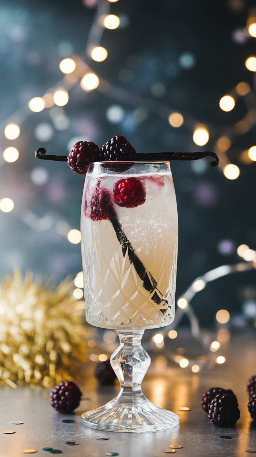 A sparkling blackberry vanilla mocktail in a crystal glass with festive decorations.
