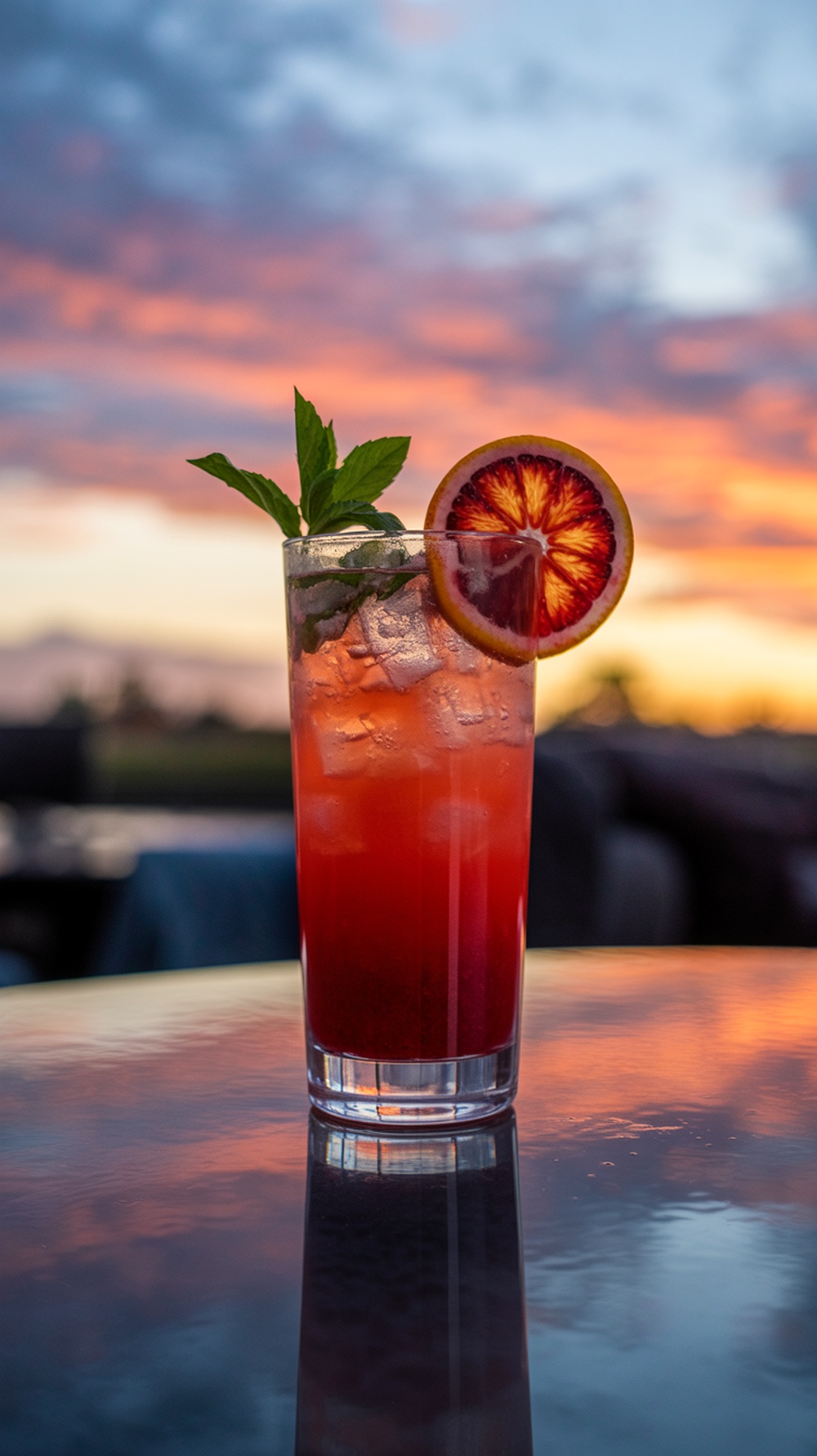 A Blood Orange Sunset Mocktail with mint and a slice of blood orange against a colorful sunset background.