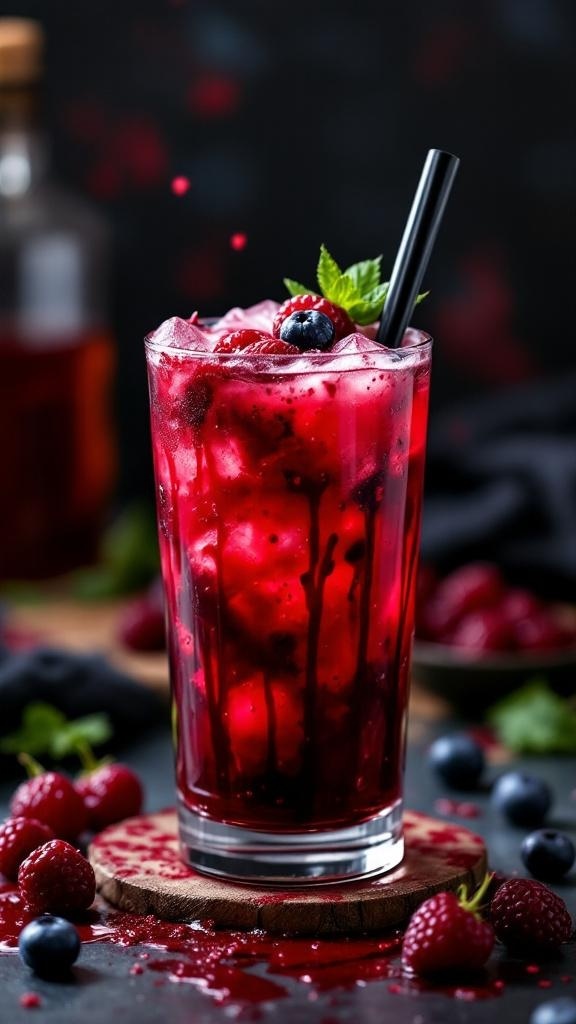 A vibrant Bloody Berry Bash Mocktail in a glass, garnished with berries and mint.