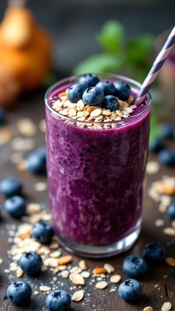 A vibrant blueberry almond oat smoothie topped with fresh blueberries and oats.