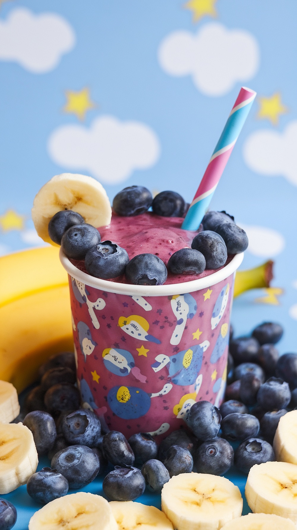 A colorful smoothie with blueberries and banana slices, served in a playful cup.