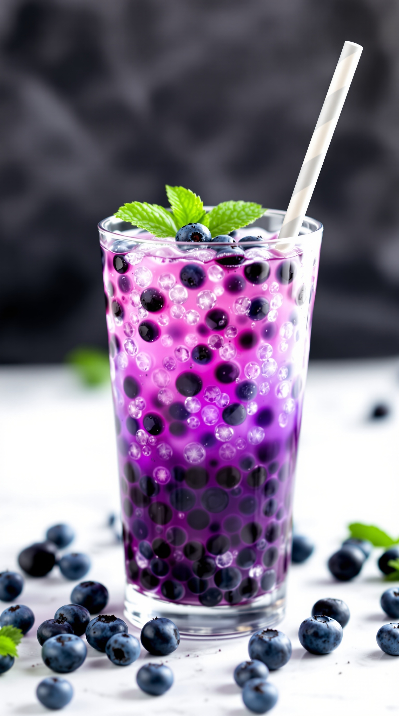 A colorful mocktail with blueberries and bubbles in a glass.
