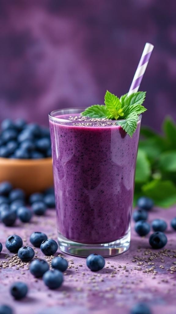 A refreshing blueberry chia smoothie garnished with mint leaves and a striped straw.